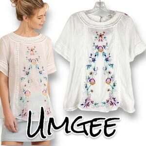 Umgee Short Sleeve Embroidered Blouse White Floral Oaxaca Peasant Womens Size M